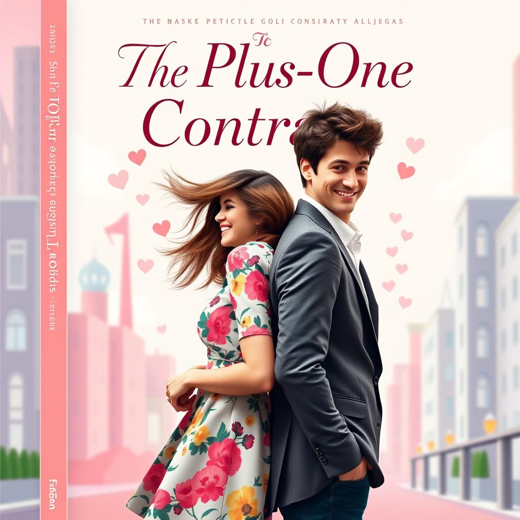 A romantic comedy book cover design featuring a couple in a playful, staged fake relationship stance