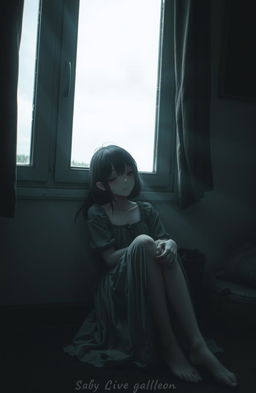 A melancholic scene featuring a lonely girl sitting by a window, her expression filled with deep pain and sadness