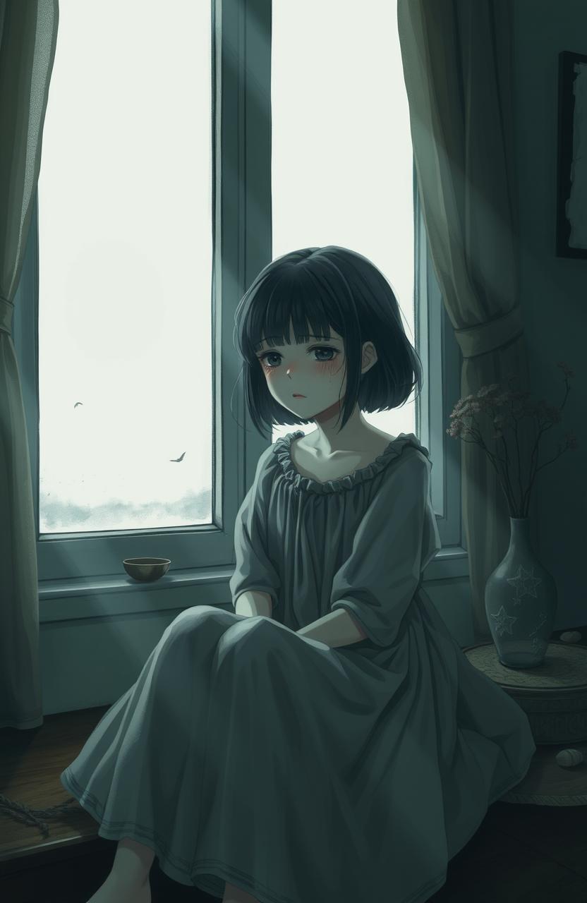 A melancholic scene featuring a lonely girl sitting by a window, her expression filled with deep pain and sadness