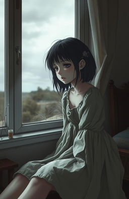 A melancholic scene featuring a lonely girl sitting by a window, her expression filled with deep pain and sadness