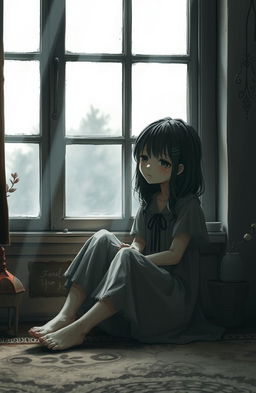 A melancholic scene featuring a lonely girl sitting by a window, her expression filled with deep pain and sadness