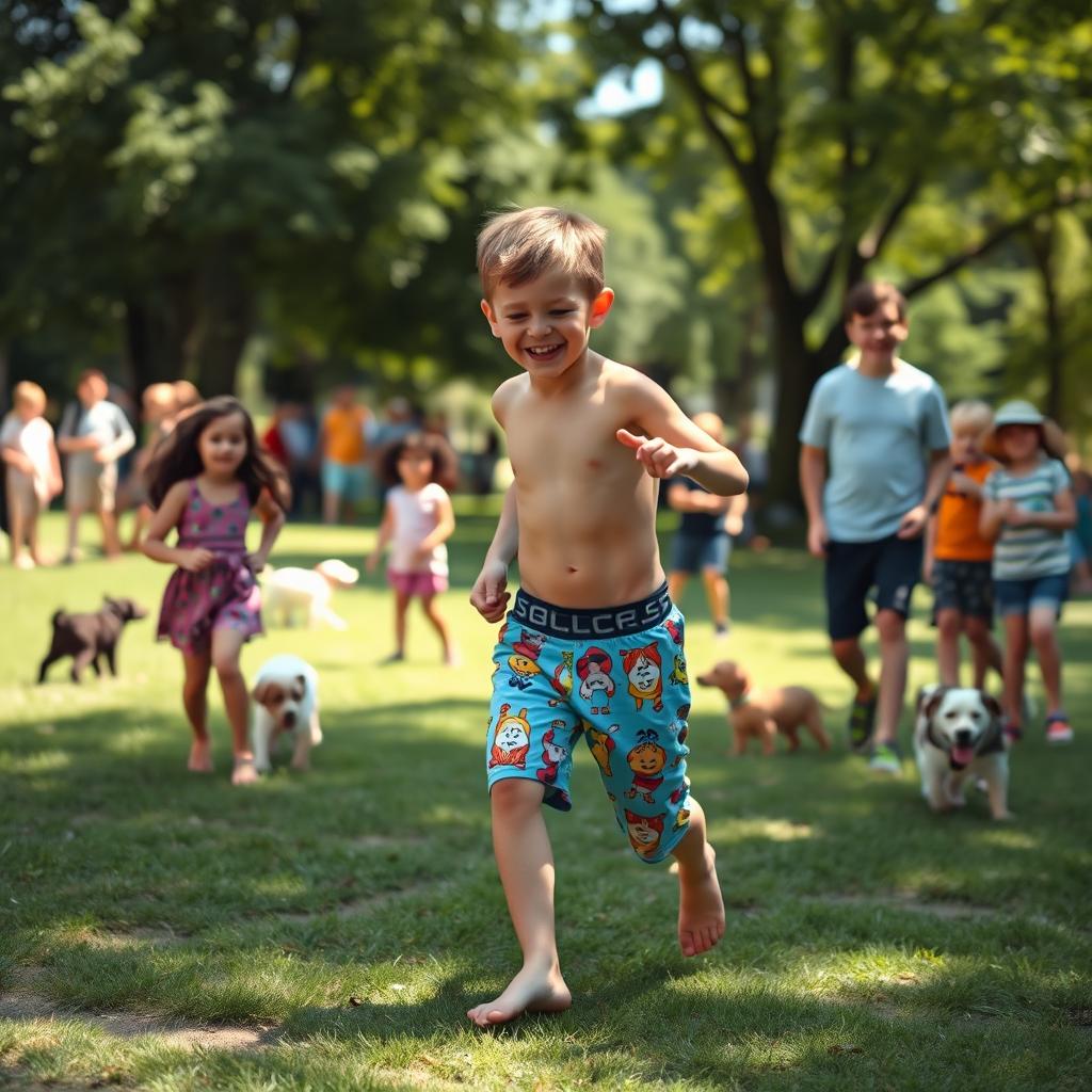 A humorous scene in a bustling park setting where a young boy, around 10 years old, is playing tag with his friends