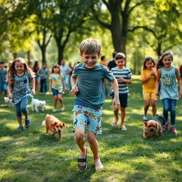 A humorous scene in a bustling park setting where a young boy, around 10 years old, is playing tag with his friends