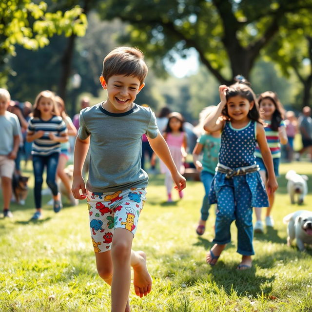 A humorous scene in a bustling park setting where a young boy, around 10 years old, is playing tag with his friends