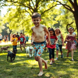 A humorous scene in a bustling park setting where a young boy, around 10 years old, is playing tag with his friends