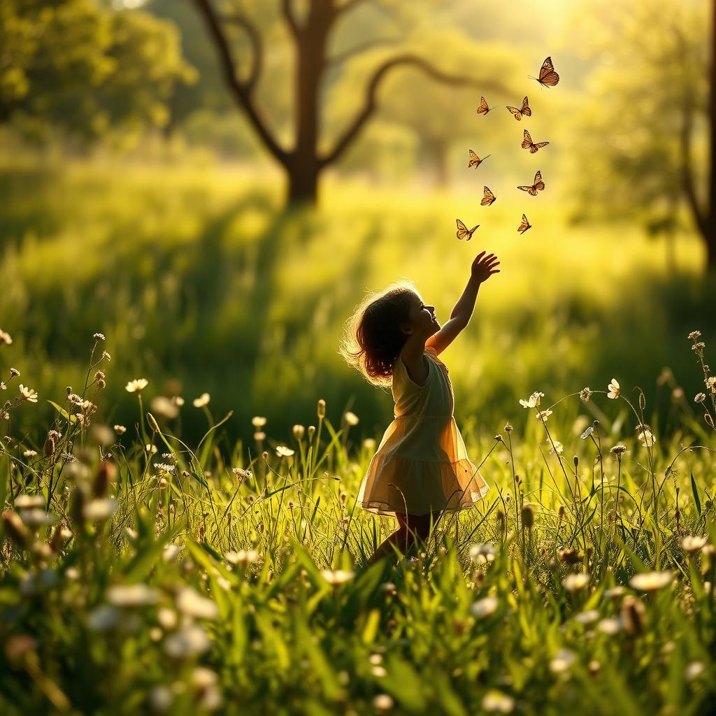 A serene scene depicting a beautiful natural landscape, focusing on themes of innocence and nature