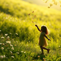 A serene scene depicting a beautiful natural landscape, focusing on themes of innocence and nature