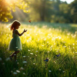 A serene scene depicting a beautiful natural landscape, focusing on themes of innocence and nature