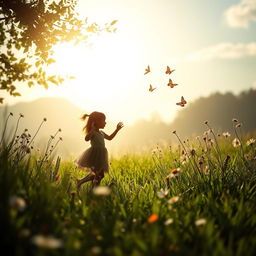 A serene scene depicting a beautiful natural landscape, focusing on themes of innocence and nature