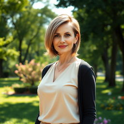 A sexy Russian woman aged 45-50 with a chic and modern hairstyle