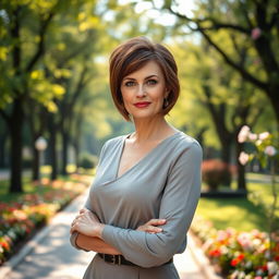 A sexy Russian woman aged 45-50 with a chic and modern hairstyle