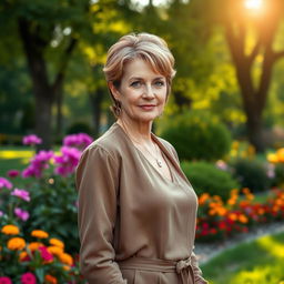 A sexy Russian woman aged 45-50 with a chic and fashionable hairstyle