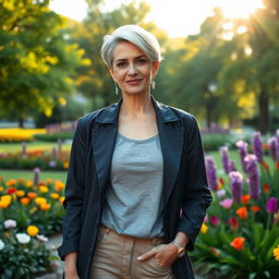 A sexy Russian woman aged 45-50 with a trendy and fashionable hairstyle