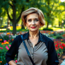 A sexy Russian woman aged 45-50 with a trendy and fashionable hairstyle