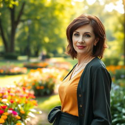 A sexy Russian woman aged 45-50 with a trendy and fashionable hairstyle