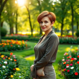 A sexy Russian woman aged 45-50 with a trendy and fashionable hairstyle