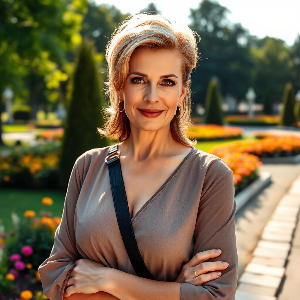 A sexy Russian woman aged 45-50 with a trendy and elegant hairstyle