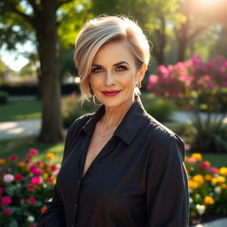 A sexy Russian woman aged 45-50 with a trendy and elegant hairstyle