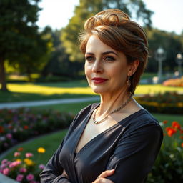 A sexy Russian woman aged 45-50 with a trendy and elegant hairstyle