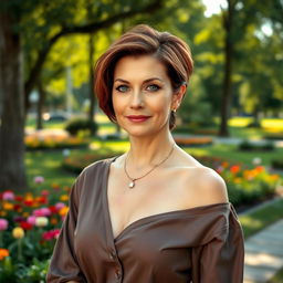 A sexy Russian woman aged 45-50 with a trendy and elegant hairstyle