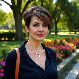 A sexy Russian woman aged 45-50 with a trendy and fashionable hairstyle