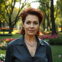 A sexy Russian woman aged 45-50 with a trendy and fashionable hairstyle