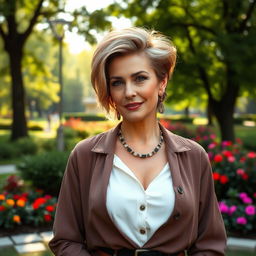 A sexy Russian woman aged 45-50 with a trendy and fashionable hairstyle