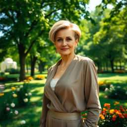 A sexy Russian woman aged 45-50 with a fashionable and chic hairstyle