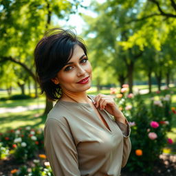 A sexy Russian woman aged 45-50 with a fashionable and chic hairstyle