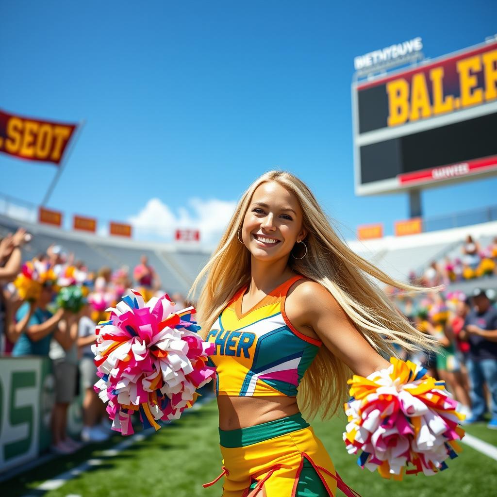 A vibrant and energetic scene featuring a blonde cheerleader in a colorful uniform, showcasing her skills during a cheerleading performance at a sunny outdoor stadium