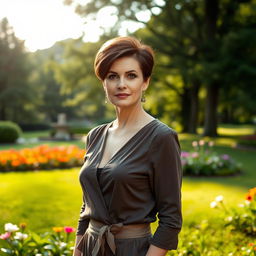 A sexy Russian woman aged 45-50 with a chic and modern hairstyle