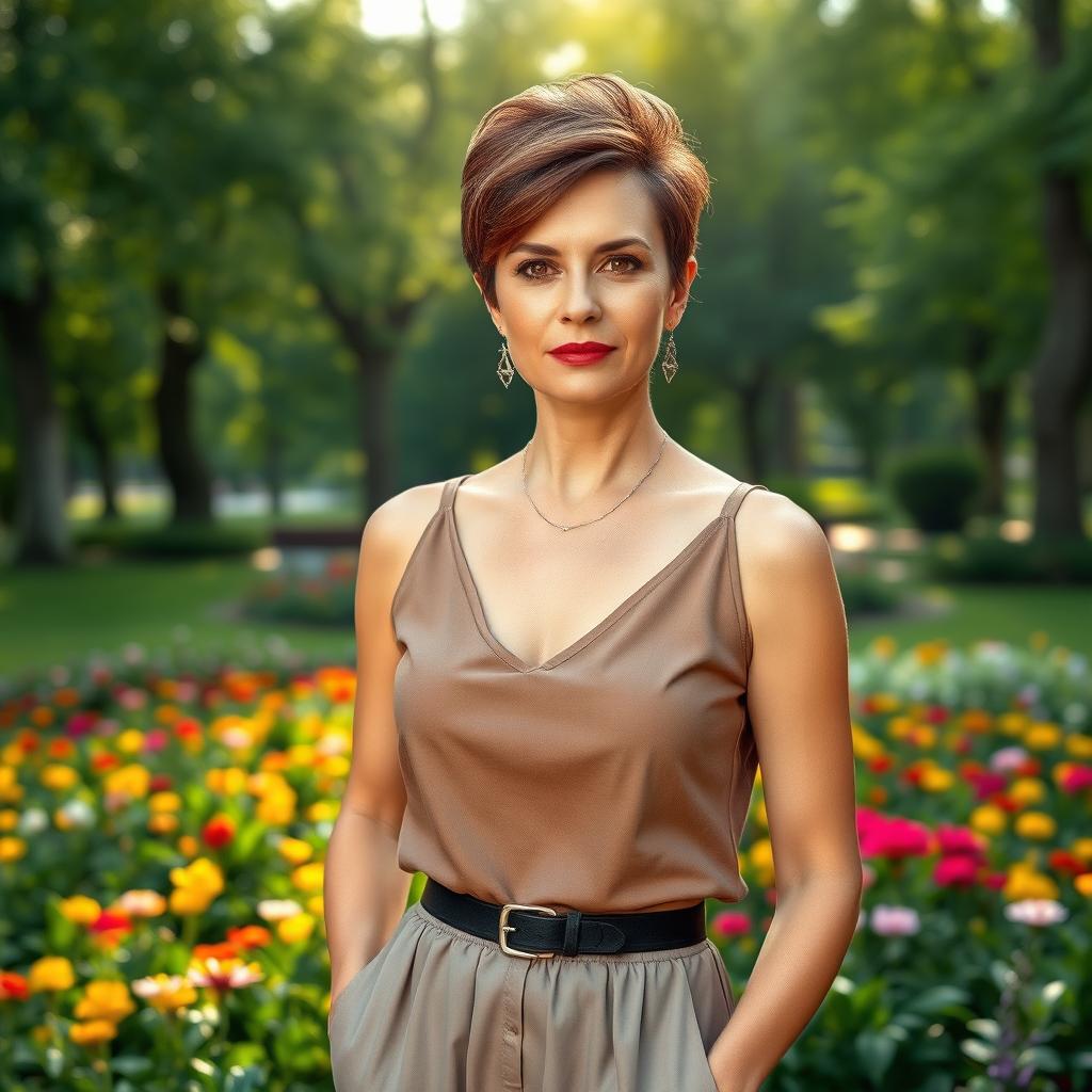 A sexy Russian woman aged 45-50 with a chic and modern hairstyle