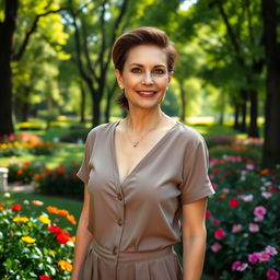 A sexy Russian woman aged 45-50 with a chic and modern hairstyle