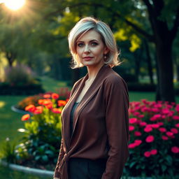 A sexy Russian woman aged 45-50 with a chic and modern hairstyle