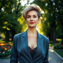 A sexy Russian woman aged 45-50 with a stylish and trendy hairstyle that showcases her sophistication