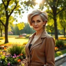 A sexy Russian woman aged 45-50 with a stylish and trendy hairstyle that showcases her sophistication