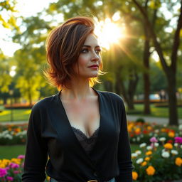 A sexy Russian woman aged 45-50 with a stylish and trendy hairstyle that showcases her sophistication