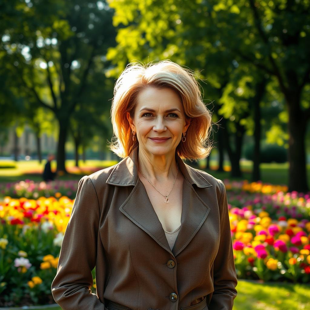 A sexy Russian woman aged 45-50 with a stylish and trendy hairstyle that showcases her sophistication