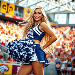 A sexy blonde cheerleader, wearing a classic cheerleading outfit with a short skirt and pom-poms, posing confidently in a bright, vibrant stadium setting