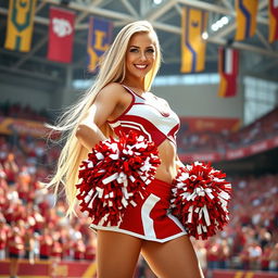 A sexy blonde cheerleader, wearing a classic cheerleading outfit with a short skirt and pom-poms, posing confidently in a bright, vibrant stadium setting