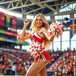 A sexy blonde cheerleader, wearing a classic cheerleading outfit with a short skirt and pom-poms, posing confidently in a bright, vibrant stadium setting