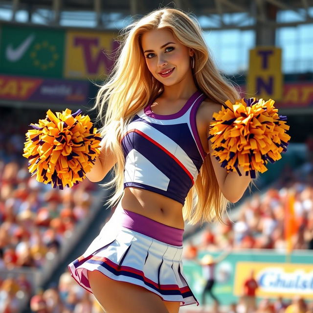 A sexy blonde cheerleader, wearing a classic cheerleading outfit with a short skirt and pom-poms, posing confidently in a bright, vibrant stadium setting