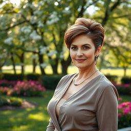 A sexy Russian woman aged 45-50 with a stylish, modern hairstyle, embodying elegance and charm