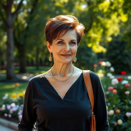 A sexy Russian woman aged 45-50 with a stylish, modern hairstyle, embodying elegance and charm