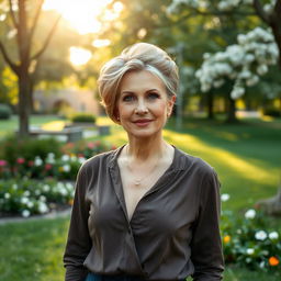 A sexy Russian woman aged 45-50 with a stylish, modern hairstyle, embodying elegance and charm