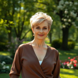 A sexy Russian woman aged 45-50 with a stylish, modern hairstyle, embodying elegance and charm