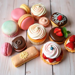 A beautifully arranged display of various delectable desserts including colorful macarons, elegant cupcakes with swirls of frosting, rich chocolate éclairs, and vibrant fruit tarts