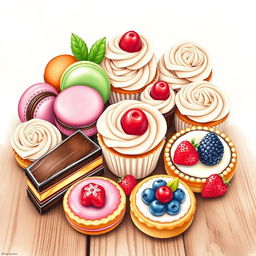 A beautifully arranged display of various delectable desserts including colorful macarons, elegant cupcakes with swirls of frosting, rich chocolate éclairs, and vibrant fruit tarts