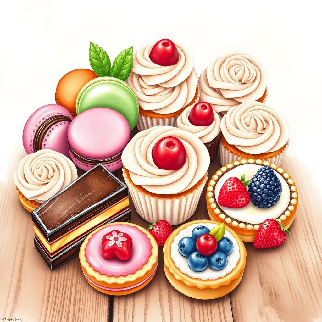 A beautifully arranged display of various delectable desserts including colorful macarons, elegant cupcakes with swirls of frosting, rich chocolate éclairs, and vibrant fruit tarts