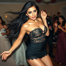 A full-length, head-to-toe photograph of a stunning and sexy 18-year-old woman with pale skin and thick black hair, flowing elegantly as she dances with the band